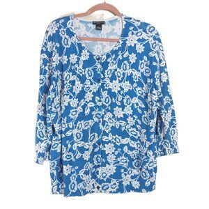 Bay Studio Career Floral Cardigan Women’s XL Blue White ¾ Sleeve Button Sweater